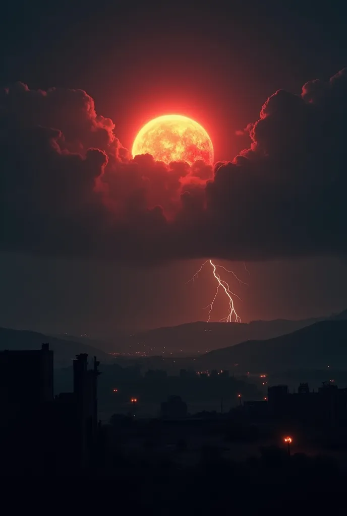 A cinematic apocalyptic scene of the sun darkening in the sky. The atmosphere is ominous and dramatic, with dark, dense clouds covering the horizon. The sun, once bright, is now obscured by a supernatural shadow, emitting only a faint, reddish glow. The la...