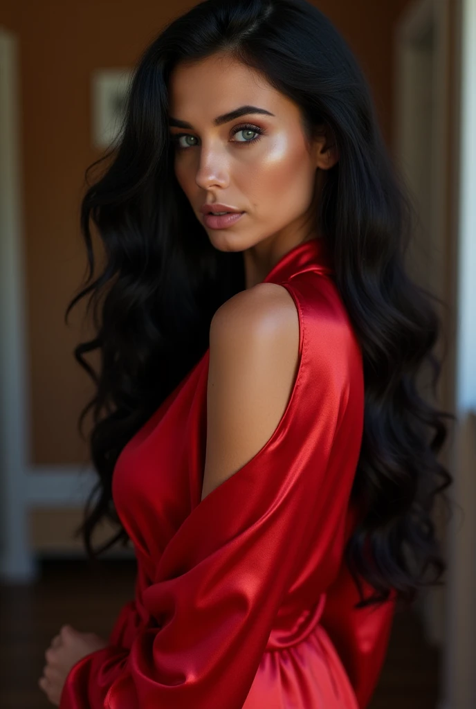 Create a stunning Russian model with long, dark black hair and striking blue eyes. Her skin tone is fair with a subtle, radiant glow. She has high cheekbones, full lips, and a confident yet mysterious expression. The setting should be a her wardrobe area, ...