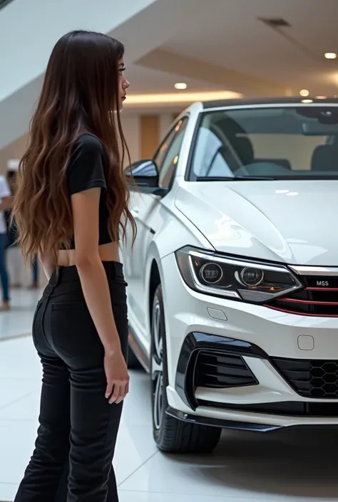 Create the image of a girl admiring a white Jetta gti that is on display. She must be white with long brown hair, wearing black flare pants and a black cropped t-shirt too. the image format must be rectangular, Stop a painting and the car must fill the ima...