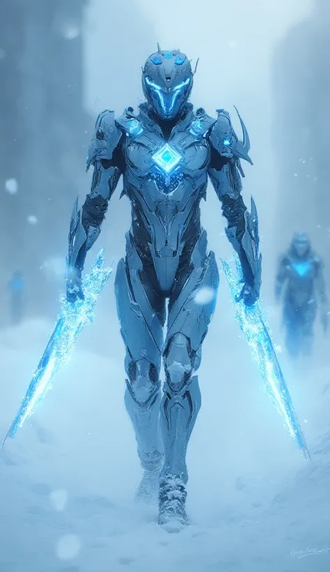 "A futuristic warrior clad in an advanced ice-infused exosuit walks through a snow-covered battlefield, radiating an aura of absolute cold. The sleek, form-fitting armor is a fusion of crystalline ice and high-tech metal, shimmering in various shades of bl...