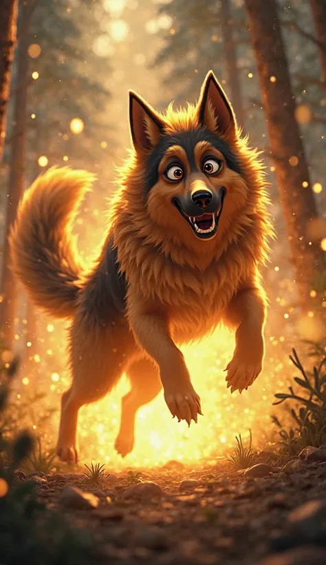 "An intense 3D cartoon-style moment where Bruno A strong and courageous German Shepherd, with dark-toned golden fur on his back, bright brown eyes, now glowing with golden energy, leaps towards the Elder Shadow Wolf with a powerful attack. The wolf's eyes ...