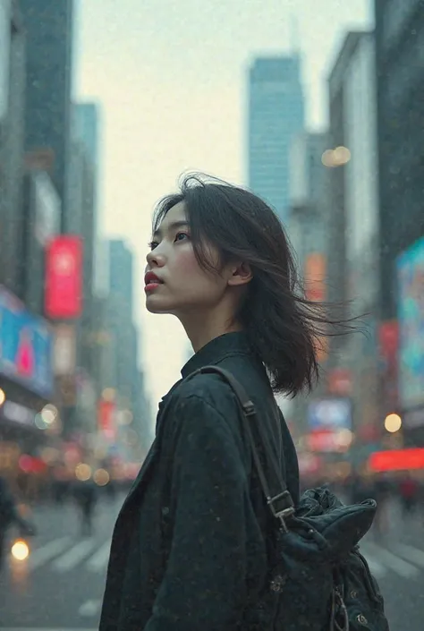 A very beautiful ASIAN BRUNETTE girl is standing in the city center and looking at the sky and dreaming 