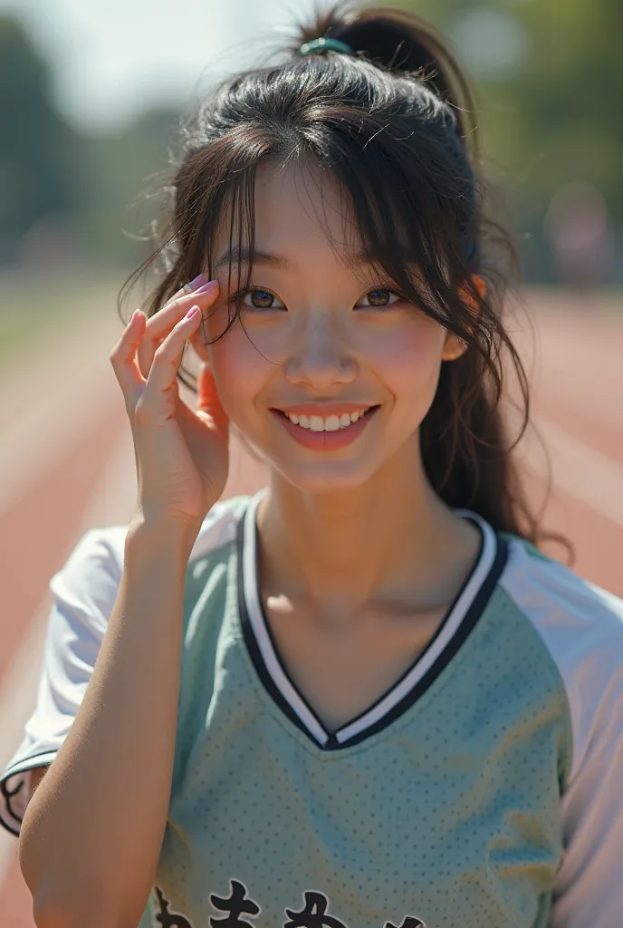 female、 Japanese、 about 20 years old、is smiling、 jerseys、 dark hair、ponytail、 ground 、I'm wiping away sweat、 real 、 photos、live-action、realistic,hyper detailed,high quality,