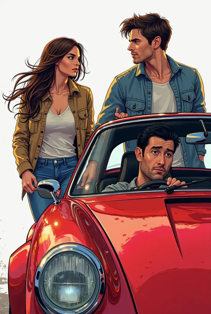 A semi-realistic digital illustration with line art and modern comic touches. Nicholas Leister drives a bright red Porsche 911, with a confident and relaxed expression as he places a hand on the steering wheel. His dark hair and intense gaze stand out unde...