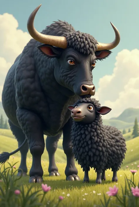 The friendship between a big, muscular black bull and a cute black sheep sounds unique and heartwarming!