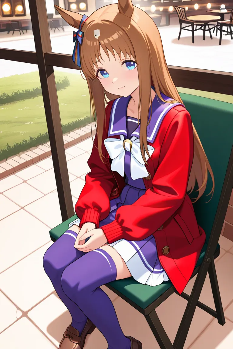 masterpice, 16-year-old girl sitting chair,grass wonder \(umamusume\),cafe,under outdoor canopy,wearing red duffle coat ,toggle buttons are fastened,duffle coat over her trecen school uniform,light smile,  rubbing her hands together,winter chill.1girl ,Tre...