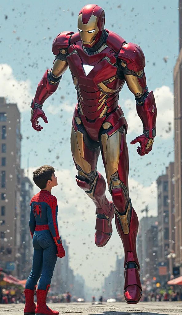 Iron Man, in his red and gold armor, flies in from the sky and lands in front of Spider-Man. He says, Spider-Man looks grateful and excited.