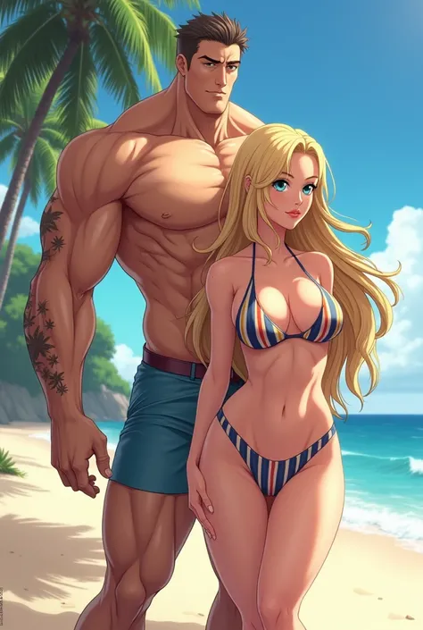 Anime girl with big breasts and a short bikini, blond hair, with a stripe marked on her panties and the beach in the background and a very tall man in boxers with a marked limb