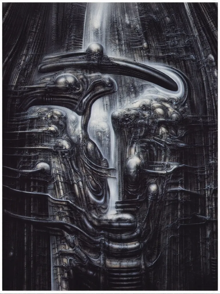 DARK BLACK COLORS. Giger_style, H. R. Giger's g1g3r, , Giger_style. Please reproduce the original image as accurately as possible, capturing the intricate details of the biomechanical structures, the dramatic lighting, and the overall sense of unease. Find...