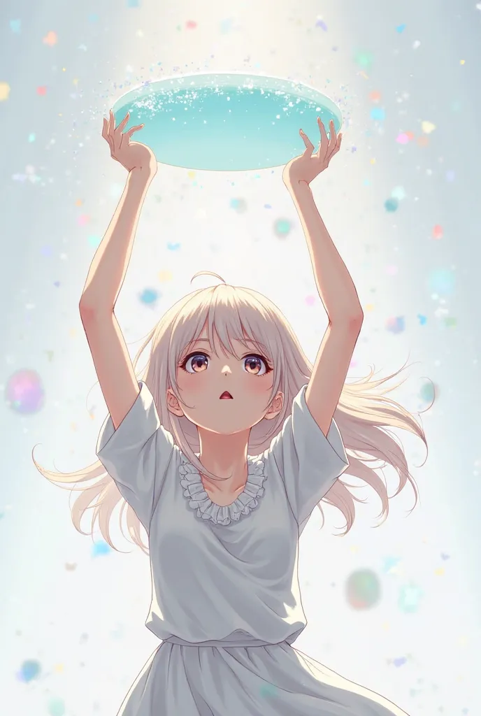 Female anime girl with open hands holding flat glass over her head