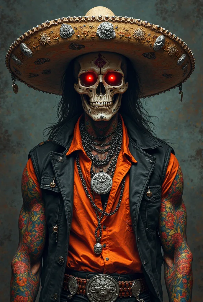 A striking, highly detailed digital painting of a mysterious figure with a skull face, glowing red eyes, and intricate Day of the Dead-style designs on the bone structure. The figure wears an ornate, wide-brimmed sombrero decorated with elaborate floral en...