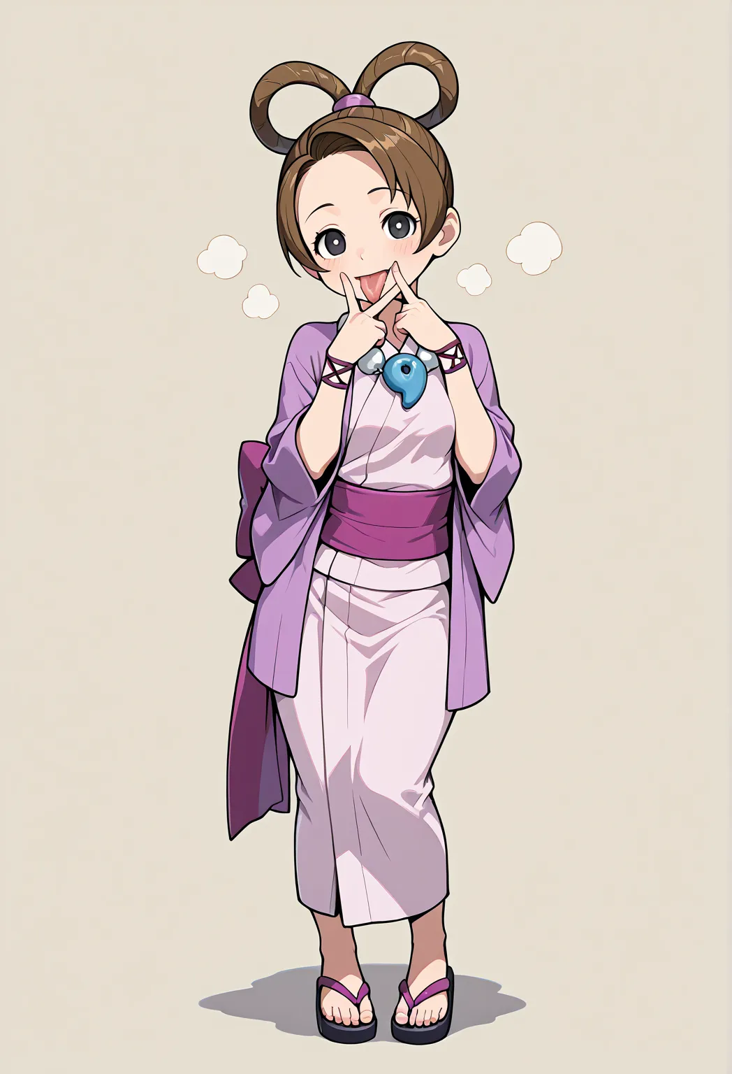 masterpiece, best quality, 1girl, Pearl Fey_(Ace Attorney),   solo, 1girl, brown hair, hair rings, short hair, black eyes
japanese clothes, kimono, magatama, necklace, sash, sandals,pearlfeyold, mature, small breasts,             BREAK (curvy), cunnilingus...