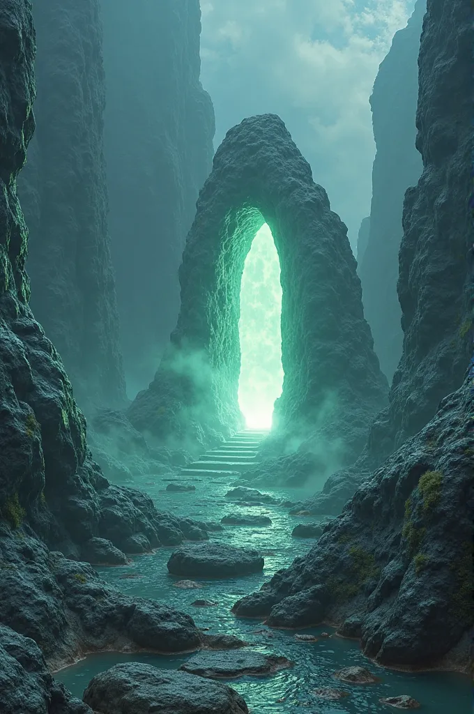  a place where the rocks ,, are visible doors that let out bright light, give the effect of fog 