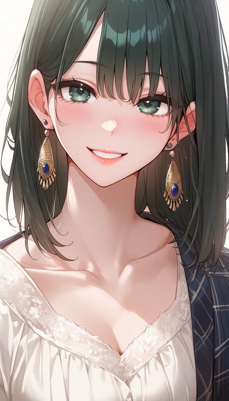 Score_9, Score_8_up, Score_7_up, Resources _Japanese cartoon, Dark green eyes, dark green hair， large  胸部, 
  sexy, obscene,Close your eyes, Chest, Moles on the chest, Rift,alone,  Smile,  earrings,  large _Chest, Jewelry,  blush,   bangs, indoor,  black_s...