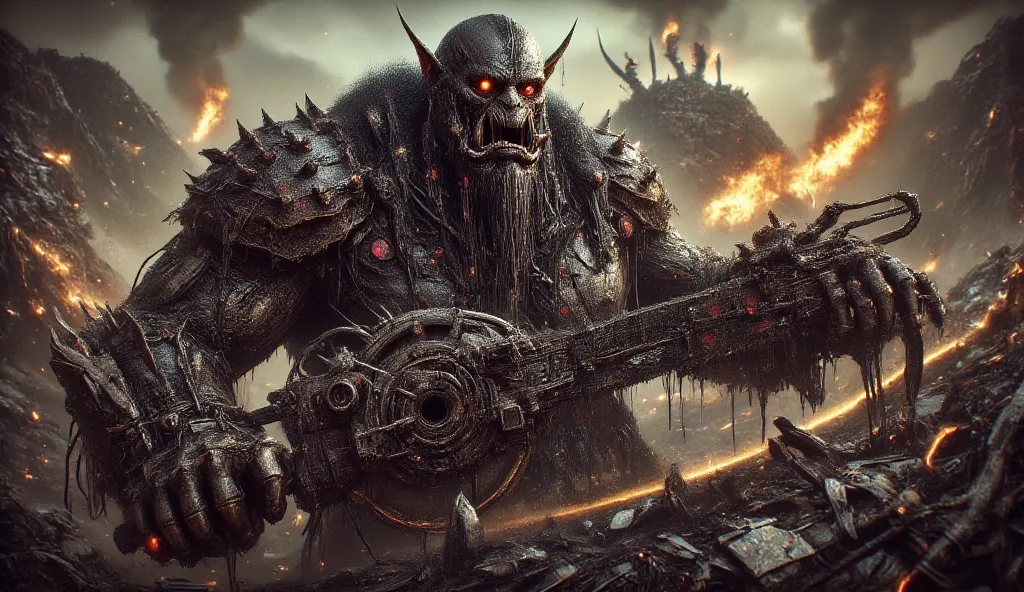 A large black cyborg orc with two mechanical arms. He holds a huge heavy circular saw in two hands. The orc's face is hidden by a ragged long black cloth with red patterns. He's bald and has pointed ears. He's clad in dirty old absurd armor made of rusty s...