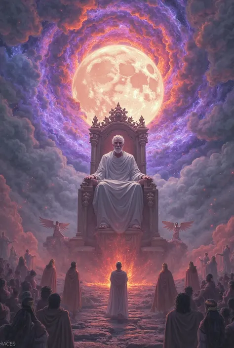 Create the image of an omnipotent God surrounded by fire and power sitting on a moonlit throne with purple and red tongues of fire above spiraling clouds casting light over the throne and guardian angels beside people who are ahead of God 