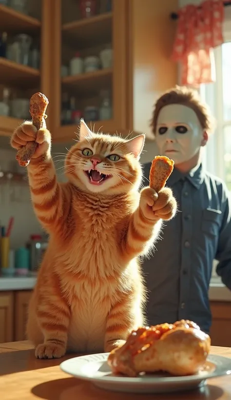 "A fun scene in a sunny kitchen where a fat, fluffy and ultra-realistic ginger cat holds a chicken leg, with an expression of joy. Next to the cat is Michael Myers with his legendary mask, also holding a chicken leg. In front of the cat, there is a half-co...