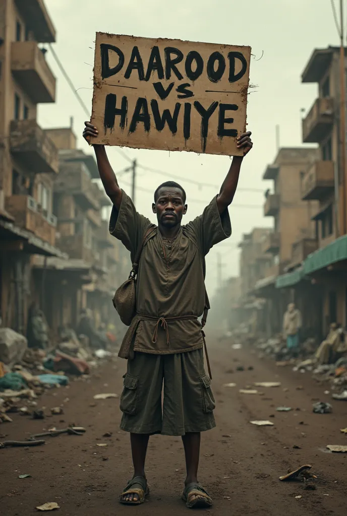  man holding up sign that says DAAROOD VS HAWIYE