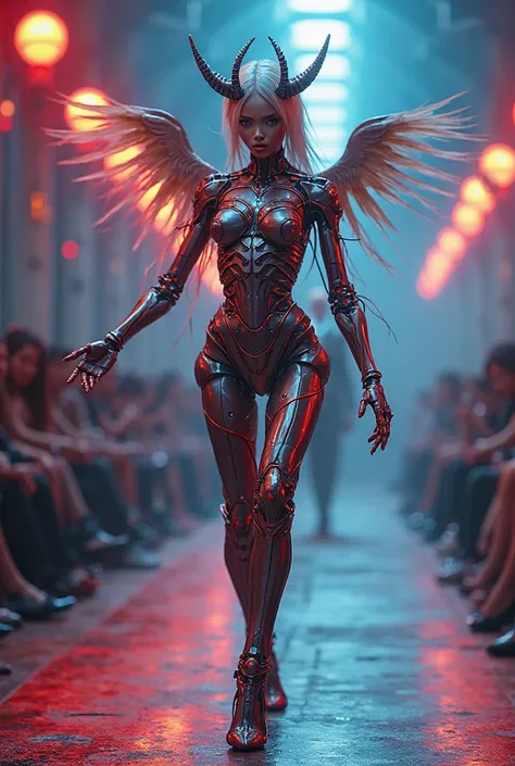 Design a live beating mecha model that is happy to dance，full body，Vision，Angel Face， devil figure，dance dynamic，Live beating mecha skeleton dancing happily in a poss，Happy Dance，blue and red tones fashion show，Catwalk，body spray art,,beautiful and realist...