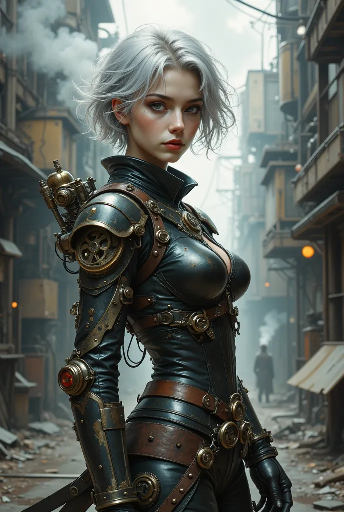 A silver-haired girl in leather clothes posing in an industrial setting, dieselpunk armor, sci-fi steampunk, A beautiful silver short-haired girl, Steampunk fantasy style, steampunk warrior, steampunk armor, dieselpunk female warrior, Boytech Fuse, Leather...