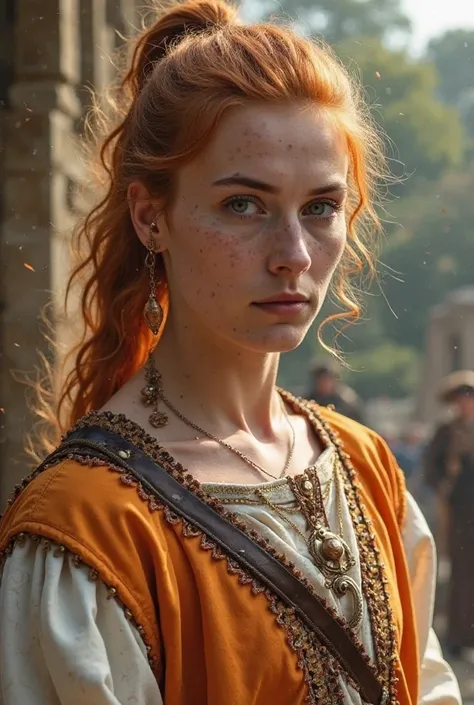 A white man with sun-tanned skin, with burnt orange hair tied in a ponytail that goes up to the shoulders. He wears mediaeval-style clothing with various ornaments,  in shades of orange and white .  Her costume is detailed , with elegant fabrics, embroider...