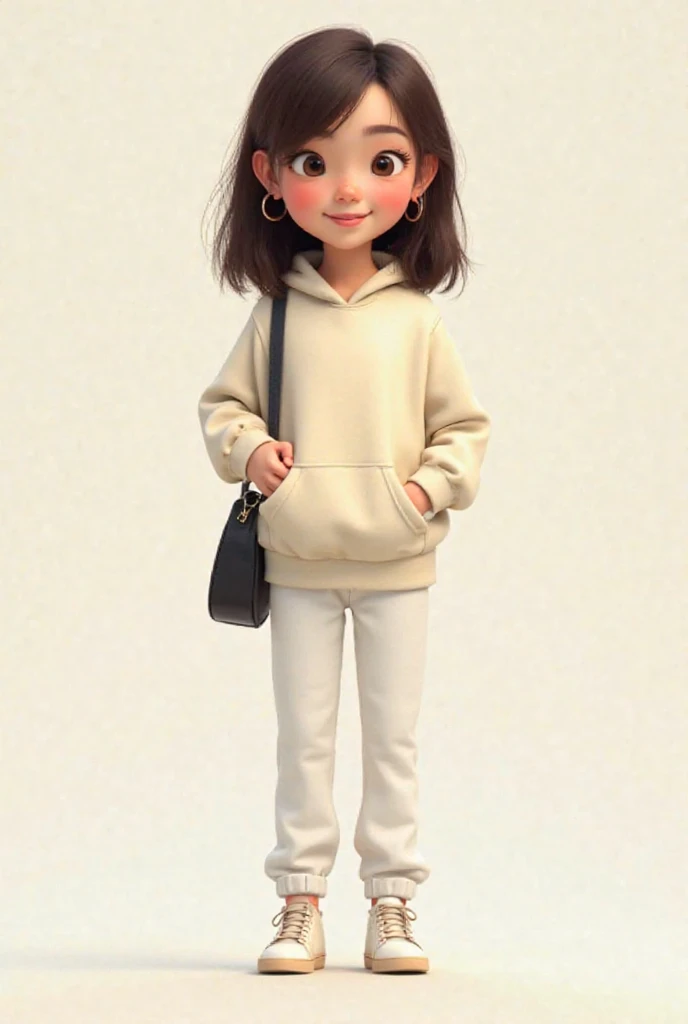 Pixar image of a girl of approximately 20 years old.  fair skin, waist-length hair in dark brown. wearing a cream-colored long-sleeved fleece blouse,  white pants , white sneakers with beige. A black bag and small hoop earrings.