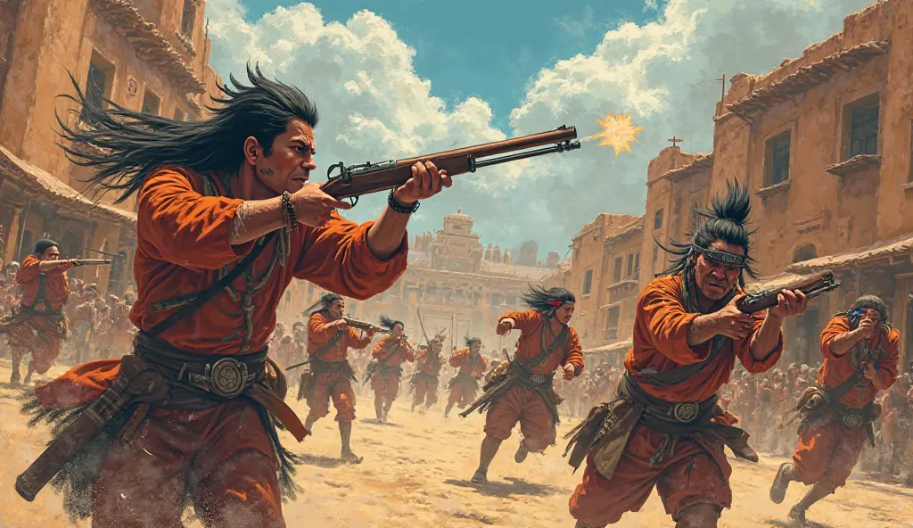 create a Japanese anime-style image of a Native American Apache army with muskets, attacking a Spanish town, with a style similar to the Naruto anime.
