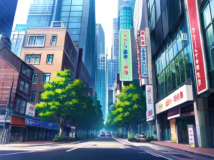 anime scenery, city, buildings, street, outdoors, trees, signs, 