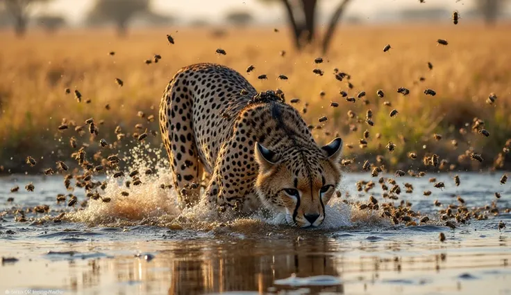 A dramatic and intense scene of a cheetah wading into a shallow watering hole in the African savanna, desperately trying to escape a massive swarm of bees attacking it. The cheetah’s fur is covered with bees, and more are aggressively buzzing around its he...