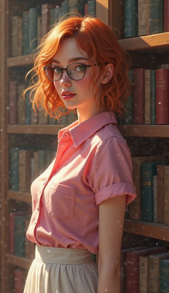 A captivating librarian with tousled ginger hair and glasses exudes both intellect and allure, her pink shirt and white skirt perfectly complementing the serene library setting.