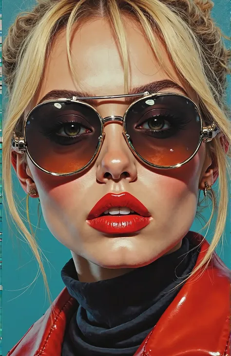 High-quality realistic acrylic art,  bright colors , bright cosmetics,  red lipstick, loose-haircut blonde hair,  detailed face, detailed lips, detailed eyes, aviator glasses with dark glasses, looks at us directly, steampunk style