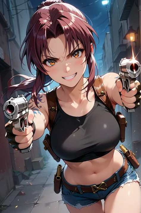 score_9, score_8_up,  score_7_up,  SCORE_ANIME, BREAK,
1girl, solo, ceiiai rrevyy, ponytail, brown eyes, shoulder tattoo, crop top, short shorts, denim shorts, belt, midriff, fingerless gloves, shoulder holster:1.5, low ponytail, black top, round neck, 
ho...