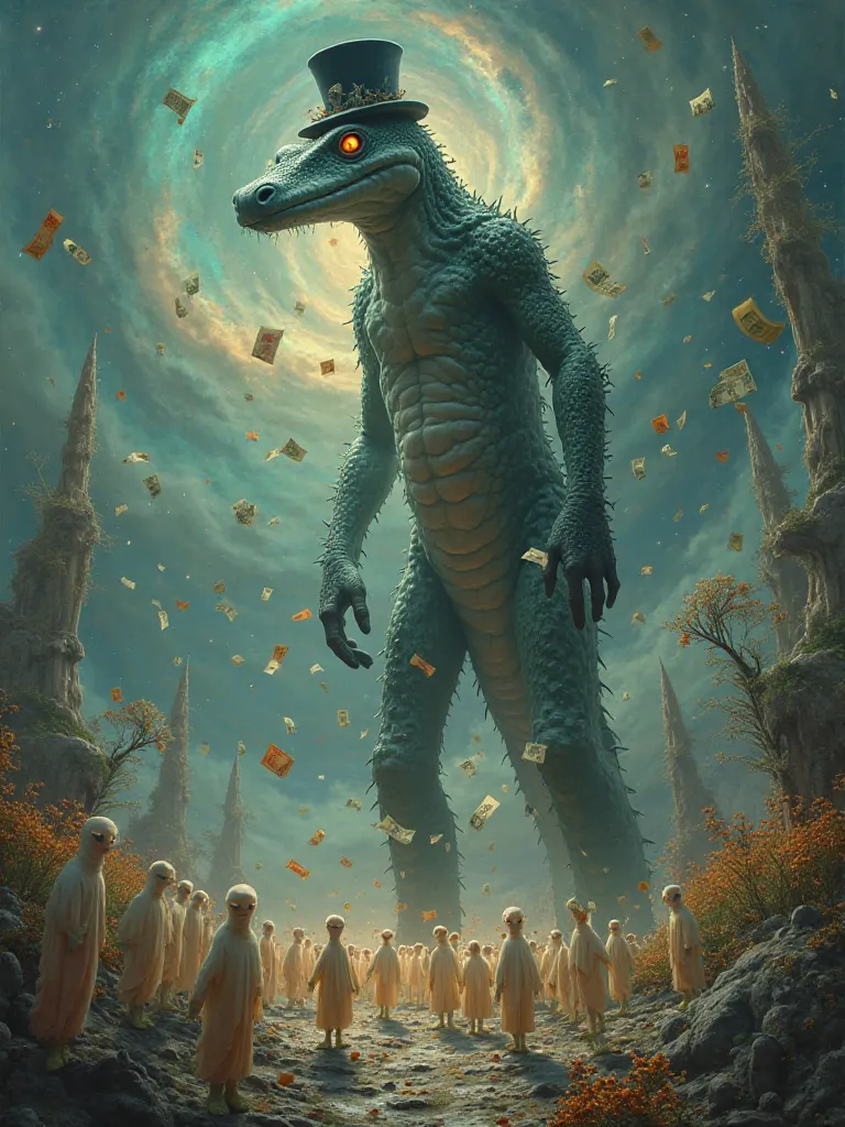 A Surreal Image Analysis a towering, otherworldly creature with the head of a Common Water Monitor   and a humanoid body. The creature wears a small, mystical top hat and stands in a dreamlike landscape. Around it, numerous tiny humanoid beings, glowing an...