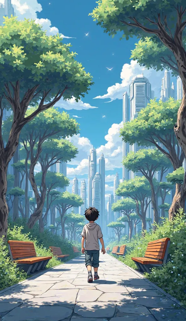 An anime-style illustration of a young human boy walking in a futuristic robot-themed park. The park is filled with advanced robotic structures, glowing lights, and metallic pathways. The boy is wearing casual clothes and looking around curiously. The atmo...