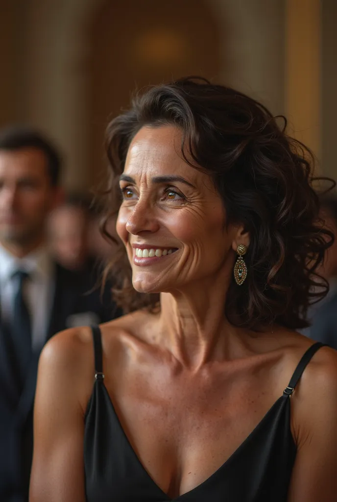 a mature menopausal Moroccan, middle-aged woman, at 43 years old, with grace expressing her sexual arousal, looking like an aged Moroccan version of Julia Louis-Dreyfus, with chest freckles, she is aging, with lines on her face and extra fat on her stomach...