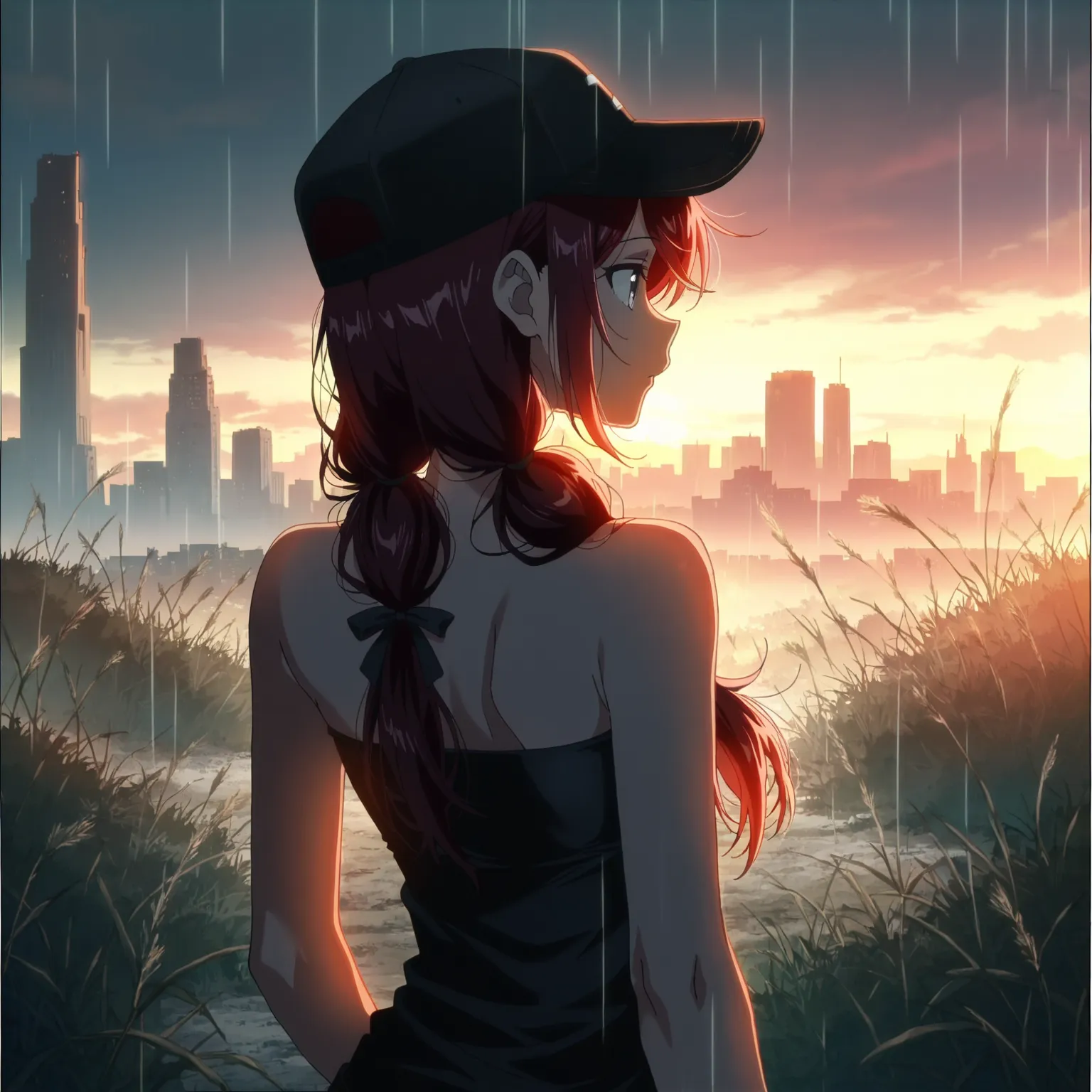 Masterpiece, best quality, amazing quality, thin, stoic, gray eyes, swept bangs, dark red hair, low twin tails, hair ribbons, sleeveless, black tube top, black top, black baseball cap, distant cityscape, tall weeds, drizzle, sunset, ambient studio lighting...