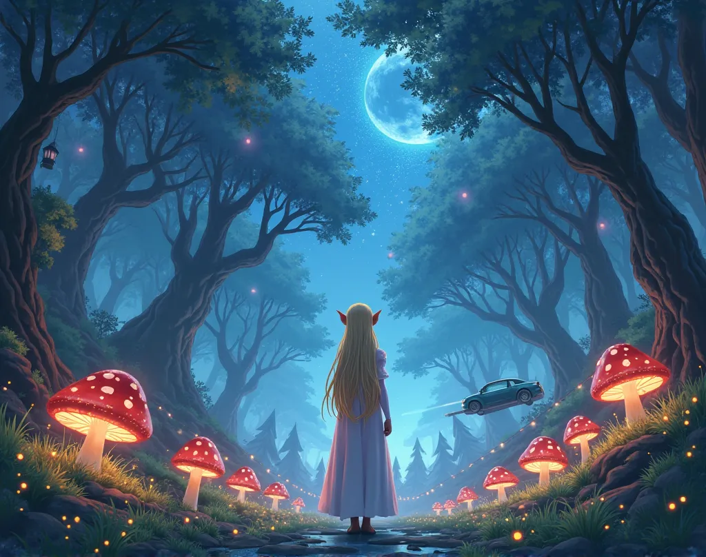 
 anime style、Fantasy Scenery: " fantastic, Tall Tree々A flying car that runs through the sky,  Glowing Mushrooms ,  colorful lights、きらめく妖精の灯り, Starry night sky、." beautiful blonde elf,, back view
