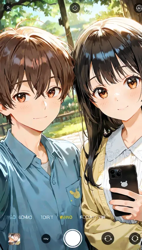 2boy, male, bl, boys love, hugging, A romantic anime-style illustration of two young male characters embracing each other closely while taking a selfie. One character is holding the phone at a slightly tilted angle, while both are looking towards the camer...