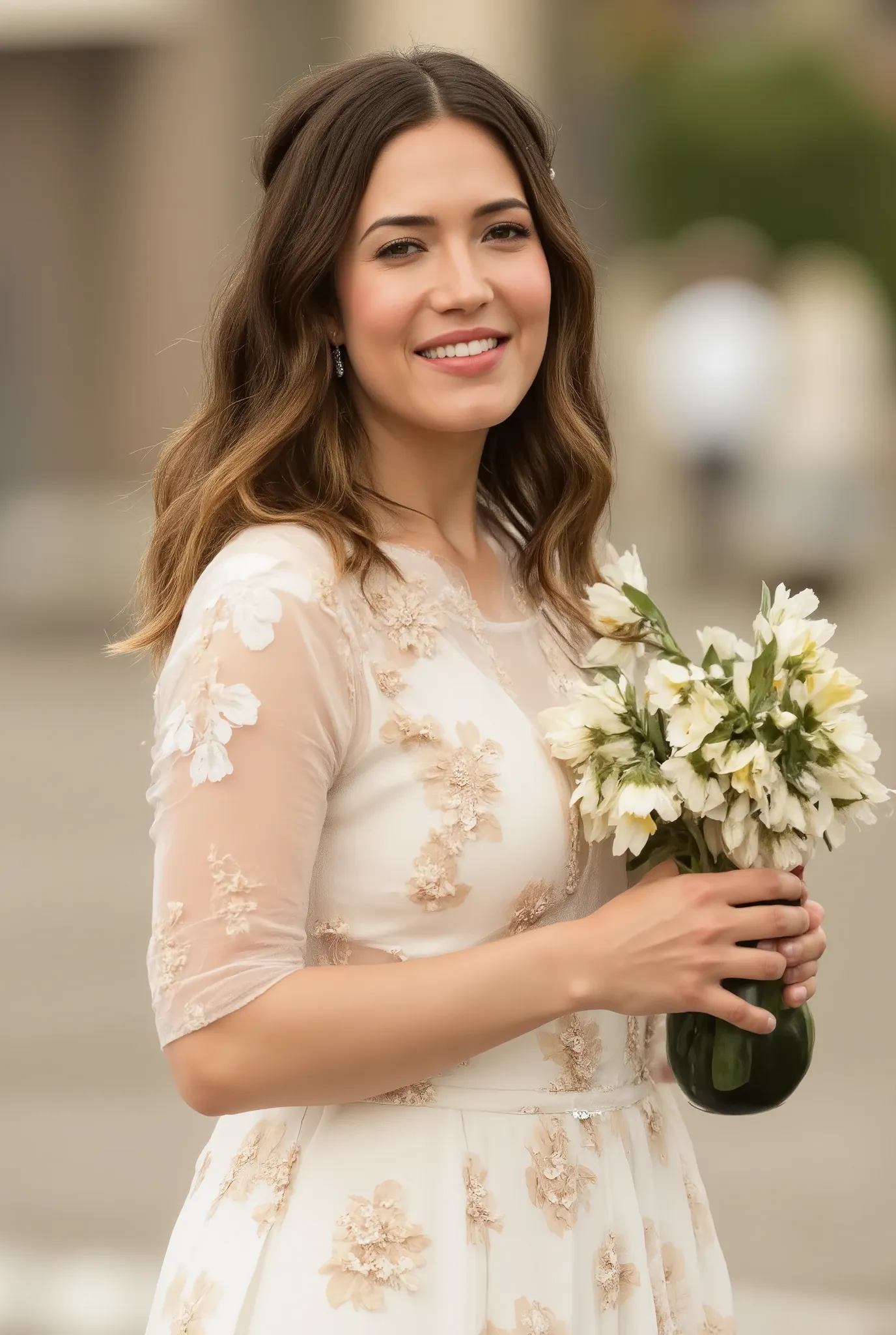 best quality, highres, 8k, masterpiece, photography, detailed midbody photorealistic portrait. Mandy Moore wears a bohemian-inspired wedding dress with a fitted bodice and a flowing, asymmetrical skirt. The dress features hand-painted floral patterns and d...