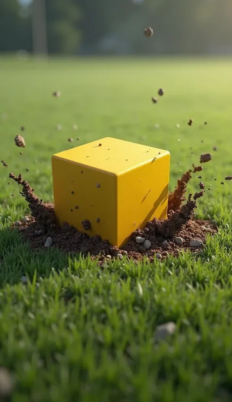 realistic image, small yellow cube, hitting the soccer field, Drilling through the lawn.