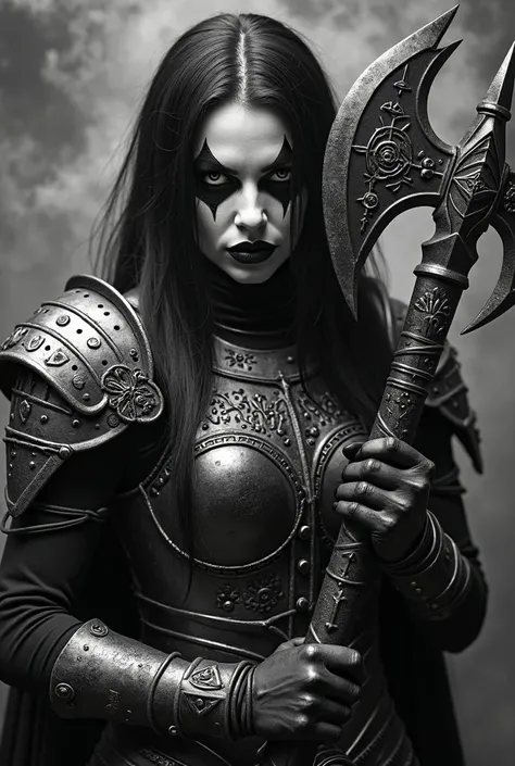 A hyper-realistic, high-definition black-and-white studio photograph of a fierce black metal warrior woman. Her face is adorned with intense  paint—deep black streaks surrounding her eyes, sharp black lips, and pale skin creating a haunting, gothic look. S...