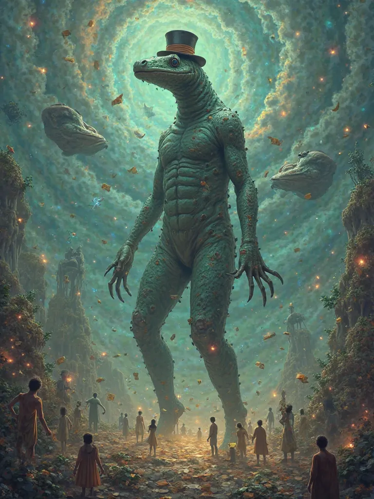 A Surreal Image Analysis a towering, otherworldly creature with the head of a Common Water Monitor   and a humanoid body. The creature wears a small, mystical top hat and stands in a dreamlike landscape. Around it, numerous tiny humanoid beings, glowing an...