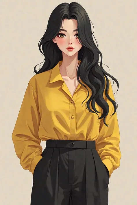 I want to creat a girl with long black  hairs and White skin colour with a healthy  body figure in the formal dressing like pent shirt and colours of dressing is yellow and Black that seems realistic human 