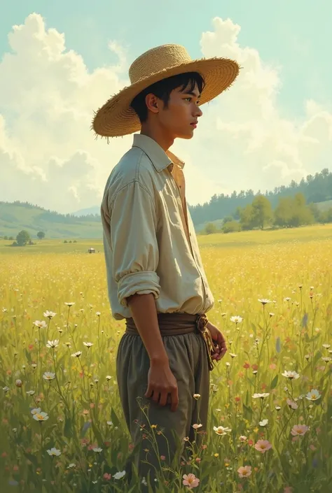 YOUNG MAN IN THE FIELD WEARING A STRAW HAT 