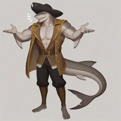 RPG character avatar. Full-body. Single character. Cartoon style. RPG character avatar. Full-body. Single character. Cartoon style. A shark-like merman. His head is that of a shark, featuring a streamlined shape, sharp teeth, and piercing eyes that exude a...