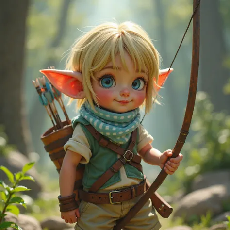 (Better quality,4K,8 k,high definition, Masterpiece :1.2),ultra- detailed, Female gnome, short blond hair, Blue eyes, light blue scarf with white stripes, khaki shorts, green vest , wielding a bow and a quiver with arrows, short girl, , HDR, 8 k, absurditi...