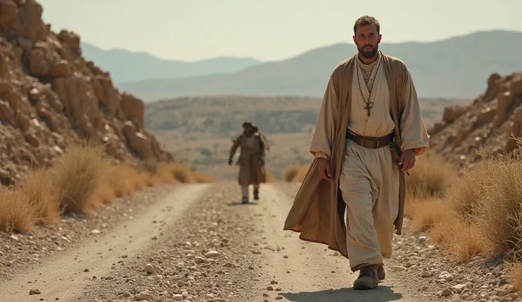 The priest passing by:

A priest in typical clothing of the time, hurriedly walking along the path, with an expression of indifference while ignoring the wounded man. In the background, the deserted and rocky road accentuates the solitude of the scene.