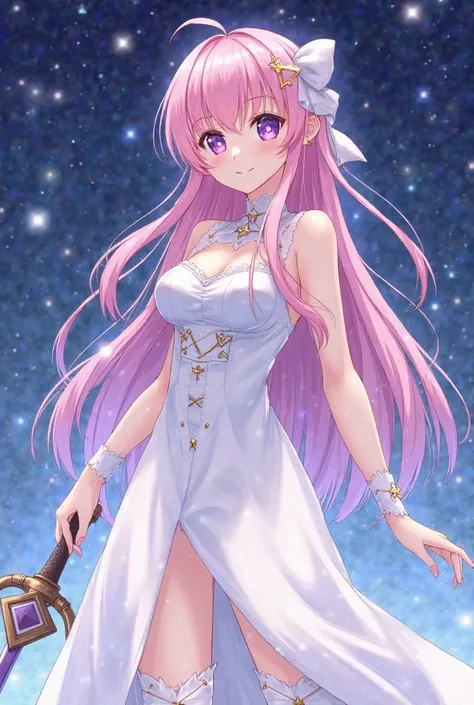 Women During Adolescence. , she's got long, light pink hair.. IN FRONT OF THE BANGS, WIPE THE SIDES WITH A STRAND OF HAIR.. themed dress with big breasts and clear white skin. purple galaxy eyes. Star-shaped pupil. wearing a long white dress.  white boots....