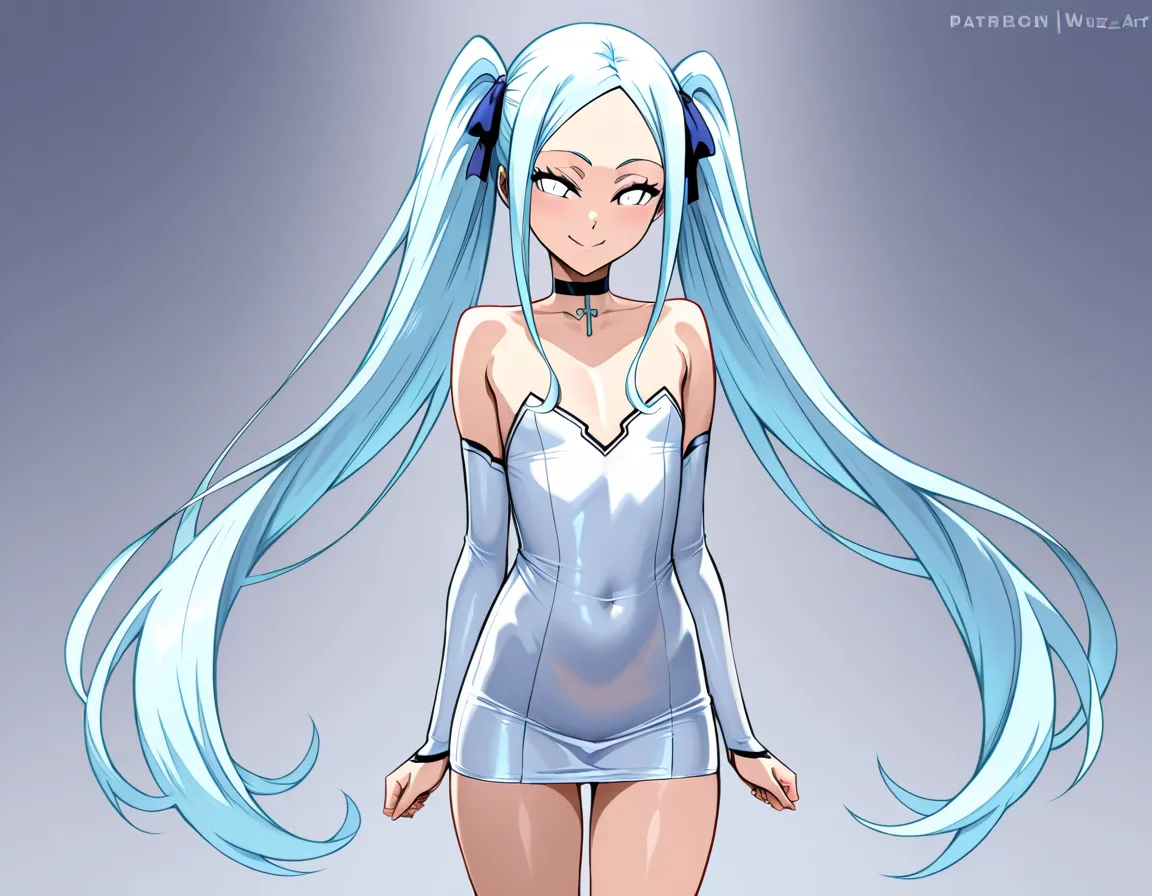 Wu Zetian (Fate) extremely long light blue hair kept in pigtails. Large white eyes. Flat chest. Short tight dress exposing shoulders. Smile. Black neck choker. (Bleach art style)