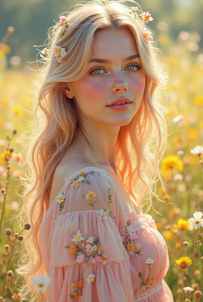 A serene portrait of a lady standing in a vibrant spring field, bathed in the warm glow of sunlight. Her skin glows with a soft, dewy sheen, and her cheeks are flushed with a delicate redness, hinting at her nostalgic thoughts. Her multicolored eyeshadow b...